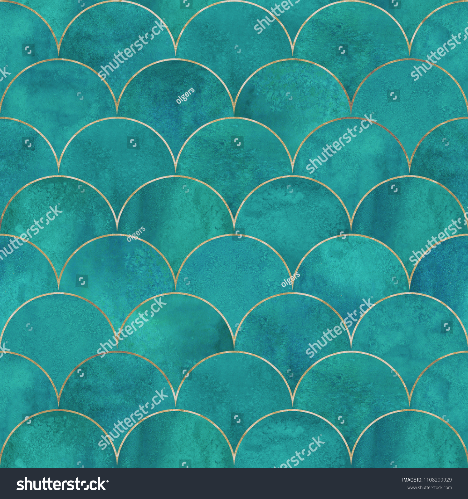 Mermaid fish scale wave japanese luxury seamless pattern. Watercolor hand drawn dark teal turquoise background with gold line. Watercolour scale shaped texture. Print for textile wallpaper wrapping