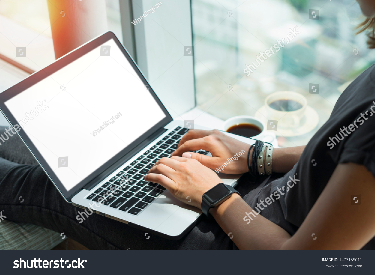 Close up of woman hands typing on keyboard. Young casually dressed female freelancer working home sitting on windowsill. Laptop with blank white screen. Mock up copy spzce for your text.