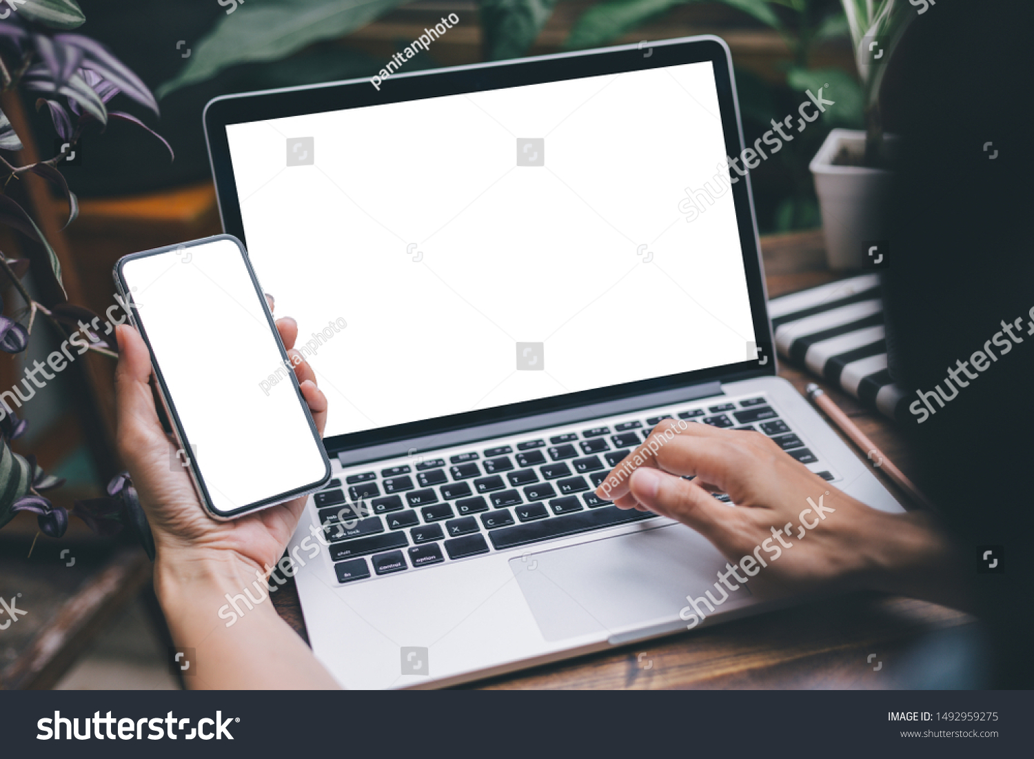 mockup image blank screen computer cell phone with white background for advertising text hand man using laptop texting mobile contact business search information on desk in office.design creative work