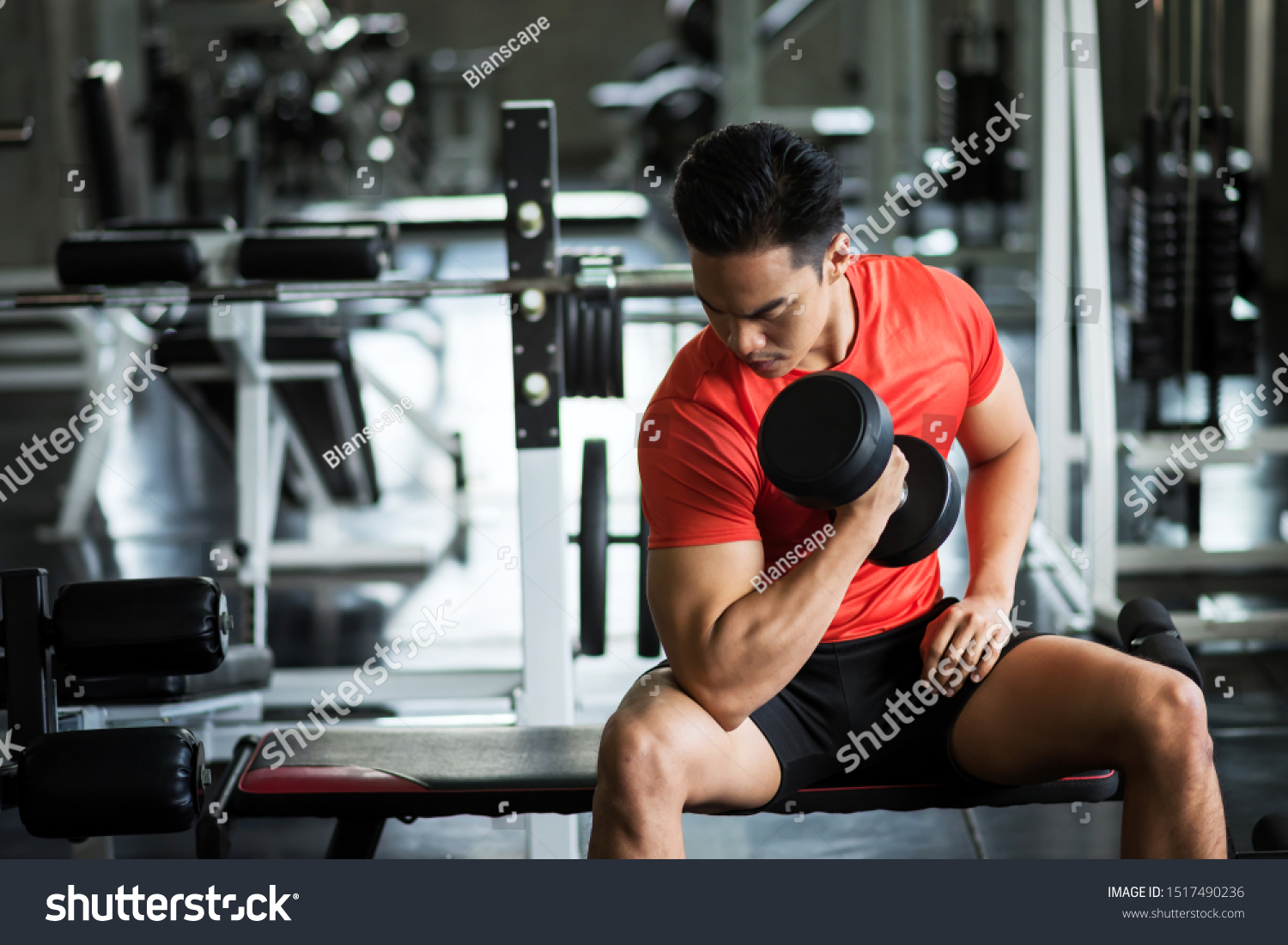 Strong Asian muscle man sit and exercise biceps with heavy dumbbells with gym equipment background. Muscular body sportsman in sport fitness center. Bodybuilding and healthy lifestyle concept.