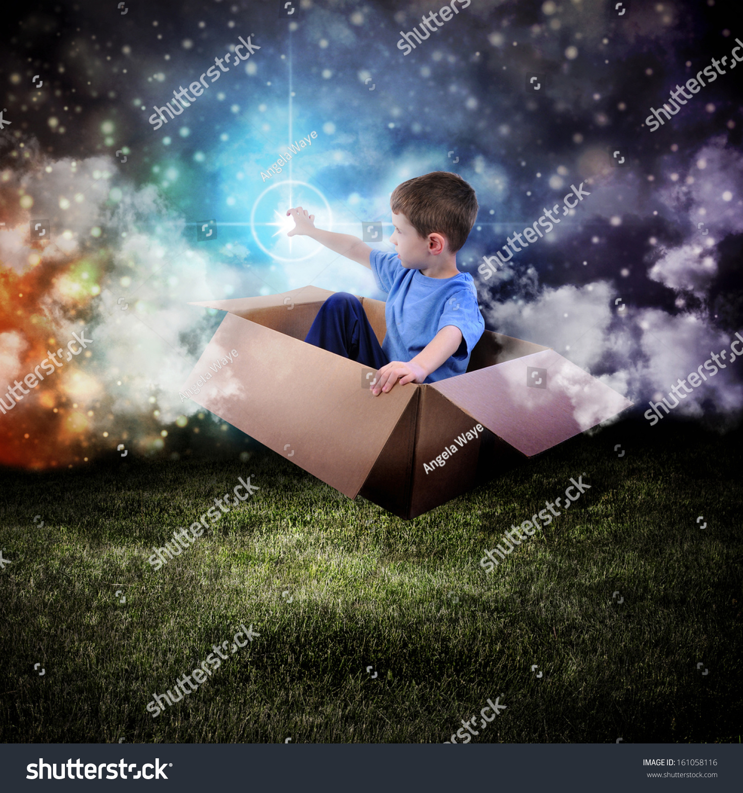 A young boy is sitting in a cardboard box and floating in the night sky reaching for a star in space.