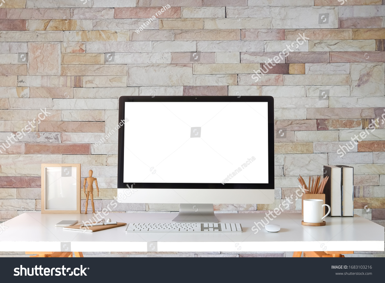 Workspace desk and laptop. copy space and blank screen. Business image Blank screen laptop and supplies.