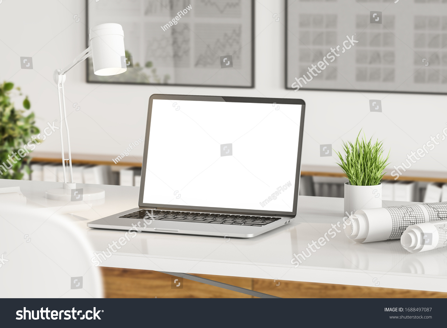 Close up of mock up laptop screen standing on table in blurry office with graphs on walls and folders. Concept of advertising. 3d rendering