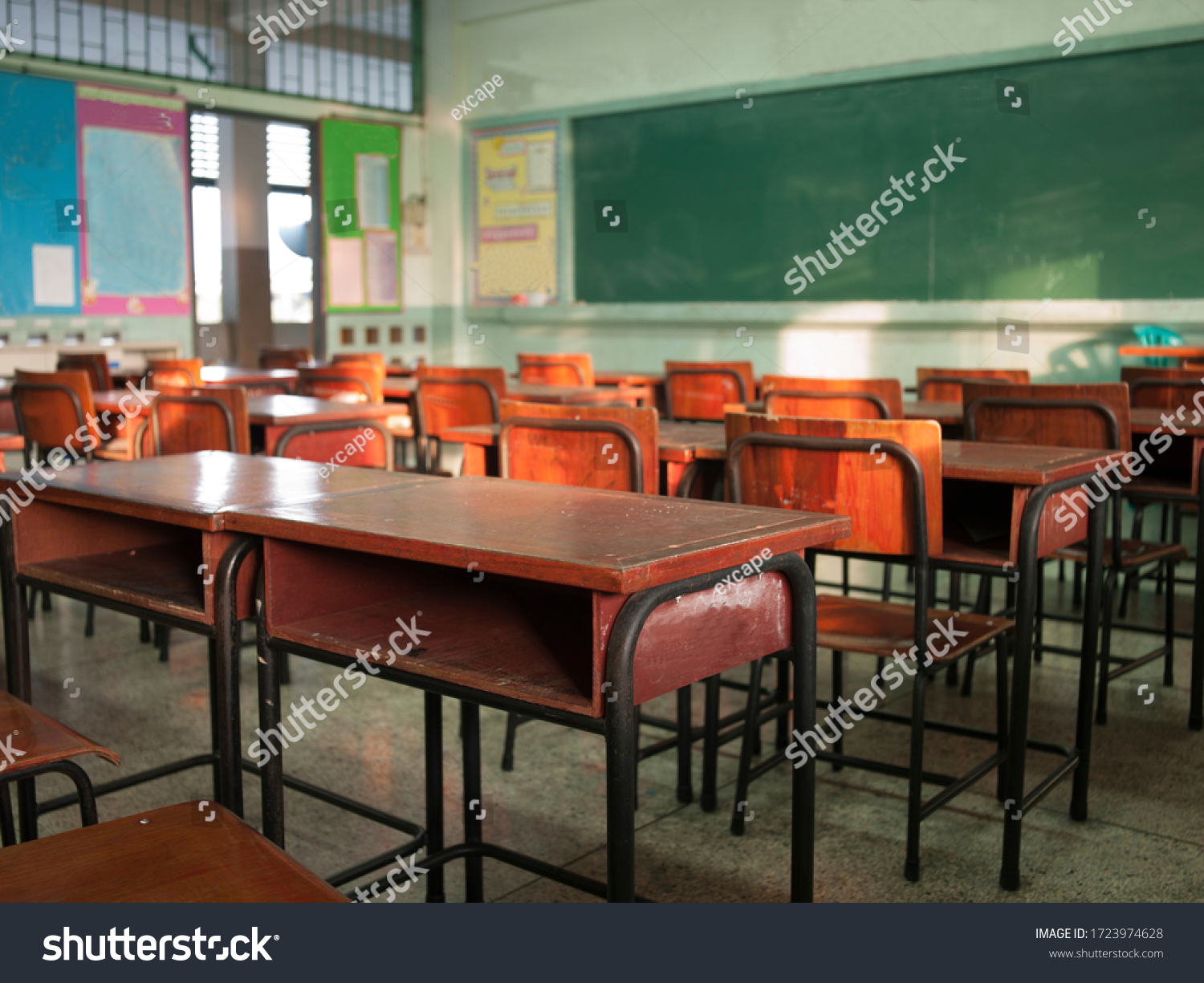 Emphasize primary level blur with no students no children or teachers with chairs and desks only.