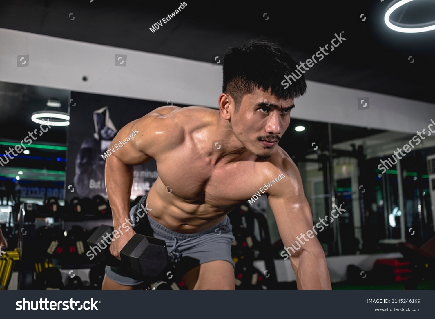 A serious and muscular asian guy training doing one arm dumbbell rows on a bench. Shirtless vascular and ripped. Training back muscles.