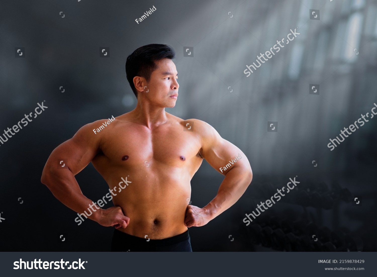 Man exercising in gym. Asian bodybuilder lifting weights. Sport and healthy activity for young male. Active Chinese athlete in training. Body building exercise work out.