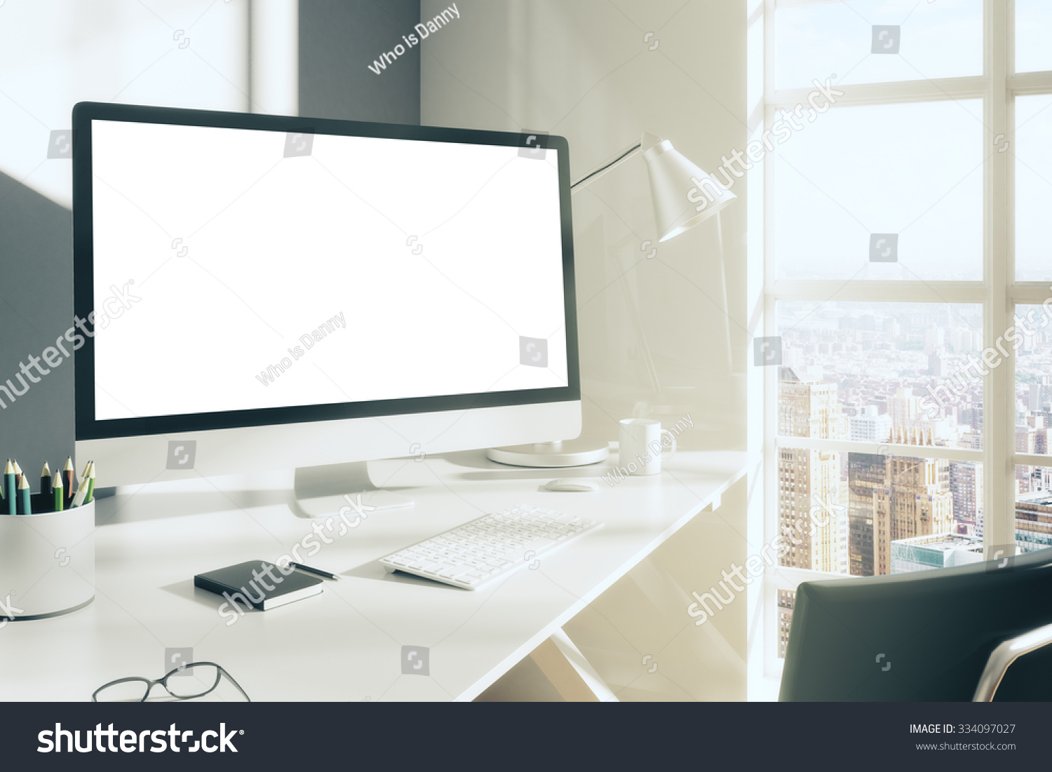 Blank computer desktop with keyboard diary and other accesories on white table in sunny room mock up