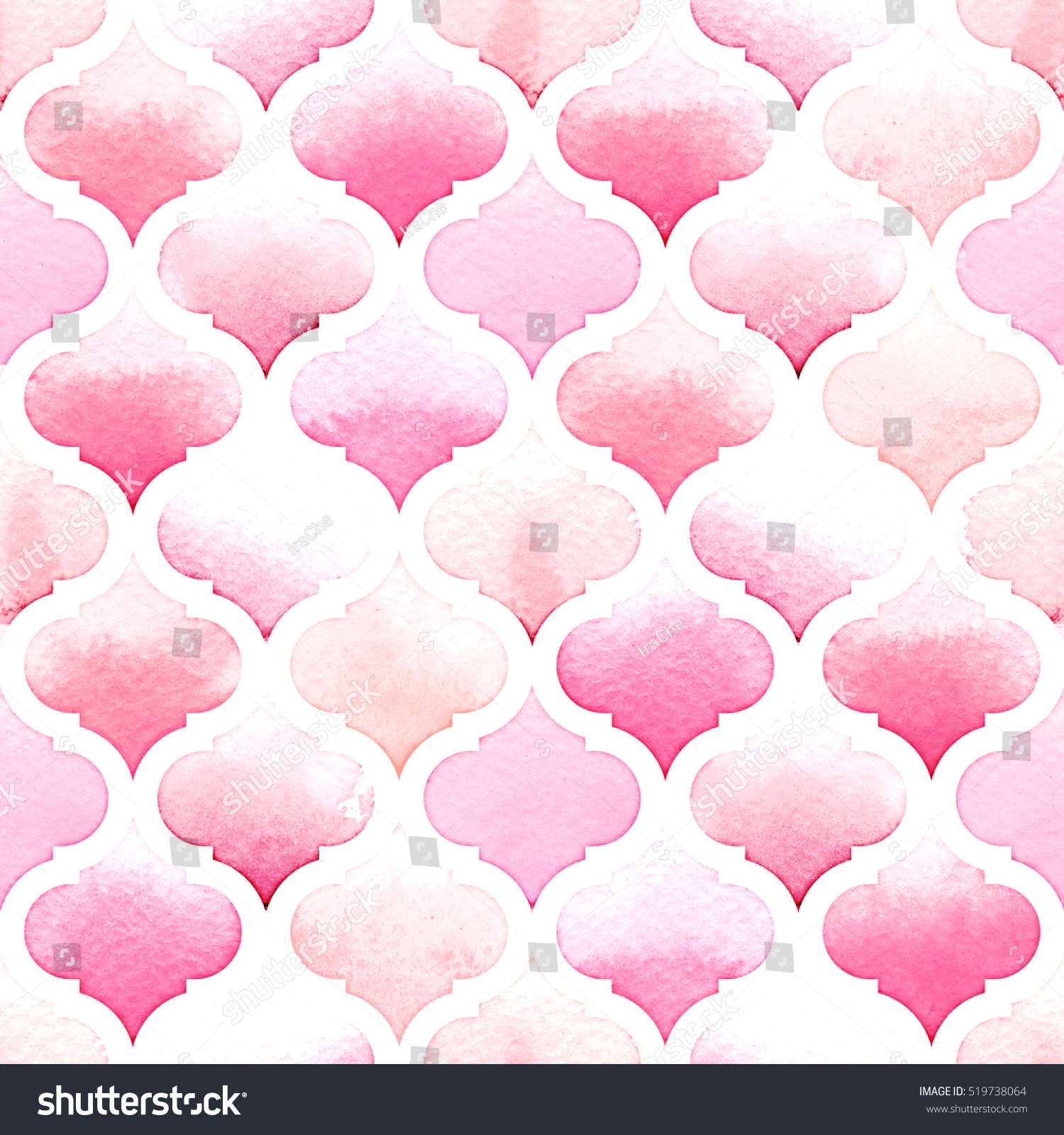 Morrocan ornament of pink colors on white background. Watercolor seamless pattern for fabric