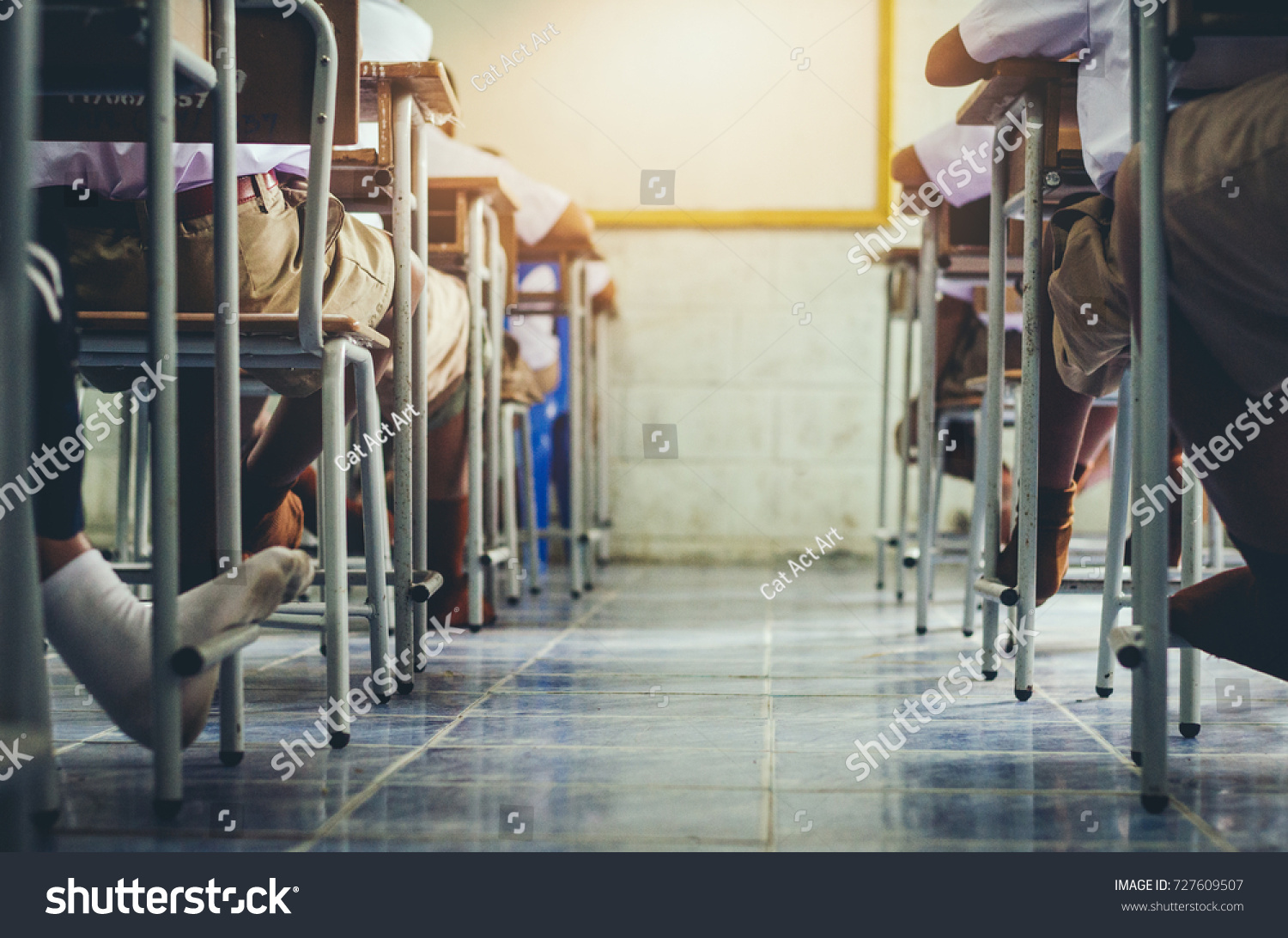 Classmate Educate doing final exam Classrooms in rural schools in Thailand classroom for education Path between desks literacy concept Leave space for the subtitles.