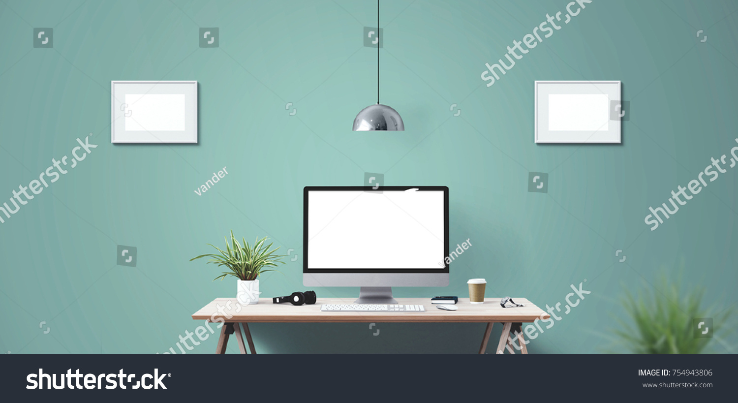 Computer display and office tools on desk. Desktop computer screen isolated. Modern creative workspace background. Front view.