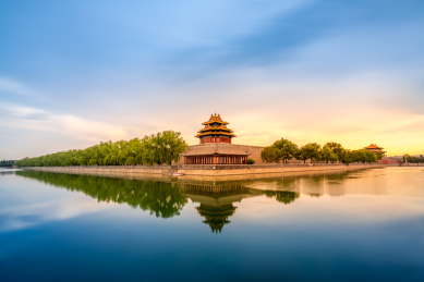 北京故宫角楼日落