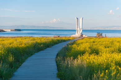 青海湖油菜花簇拥下的西王母塑像