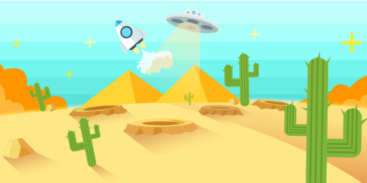 沙漠  UFO 火箭  仙人掌 场景卡通 矢量图