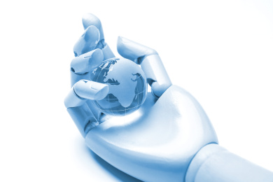 人工智能机械手拿着地球仪在白色背景前