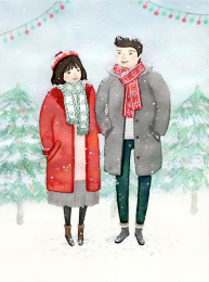 圣诞节情侣水彩插画