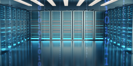 三维渲染的现代化高科技的服务器机房，强大的数据库和运算存储能力。