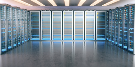 三维渲染的现代化高科技的服务器机房，强大的数据库和运算存储能力。