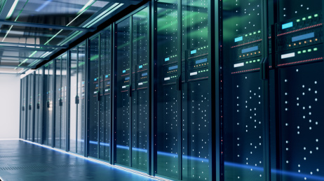 三维渲染的现代化高科技的服务器机房，强大的数据库和运算存储能力。