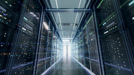 三维渲染的现代化高科技的服务器机房，强大的数据库和运算存储能力。