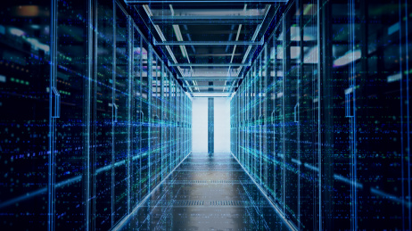 三维渲染的现代化高科技的服务器机房，强大的数据库和运算存储能力。