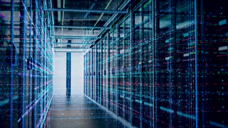 三维渲染的现代化高科技的服务器机房，强大的数据库和运算存储能力。