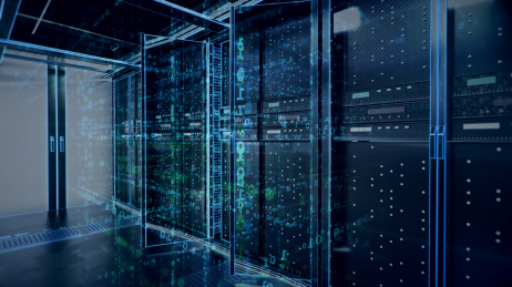 三维渲染的现代化高科技的服务器机房，强大的数据库和运算存储能力。