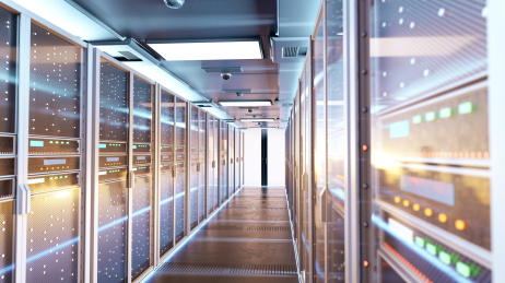 三维渲染的现代化高科技的服务器机房，强大的数据库和运算存储能力。