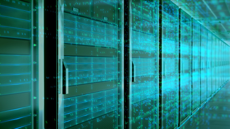 三维渲染的现代化高科技的服务器机房，强大的数据库和运算存储能力。