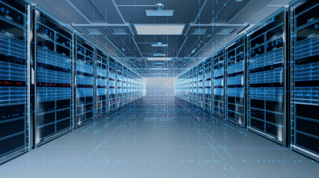 三维渲染的现代化高科技的服务器机房，强大的数据库和运算存储能力。