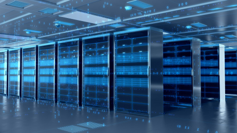 三维渲染的现代化高科技的服务器机房，强大的数据库和运算存储能力。