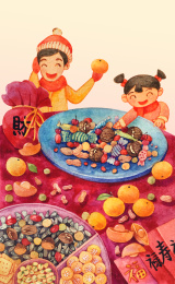 除夕吃年夜饭办年货年水彩插画