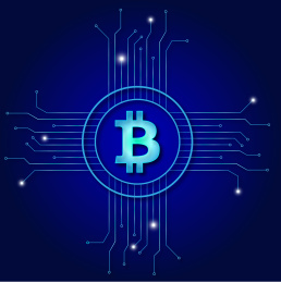 带有电路板元素的比特币数字货币图标，科学技术网络的概念。