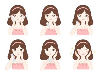 女孩护肤化妆过程矢量插图