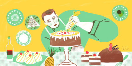 聚精会神制作蛋糕甜品的男性糕点师插画