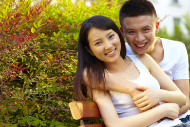 亚洲青年夫妇一起在公园里