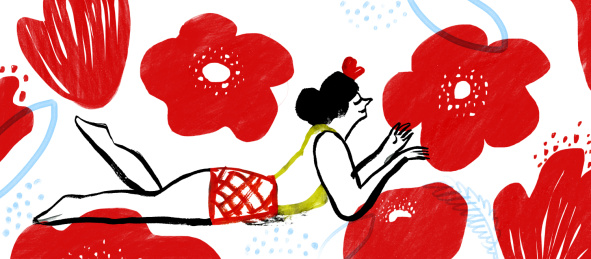 花丛  红色花朵 少女 浪漫 时尚插画 