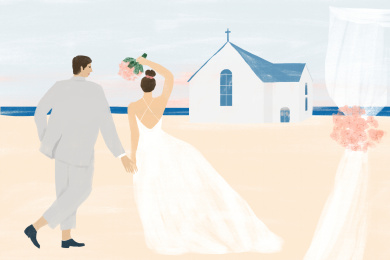 沙滩婚礼 新郎新娘 教堂 背影 海滩 牵手 婚纱 仪式 插画