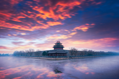 中国北京故宫角楼日出风光