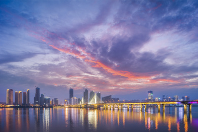 湖南长沙湘江银盆岭大桥日落晚霞城市天际线夜景风光素材