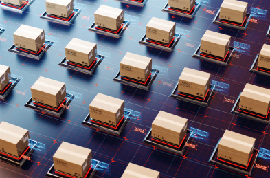 快递包裹在高科技的环境下运输，网上购物，物流自动化管理理念。