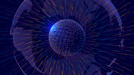 辐射线、点线结合构图世界地图，世界网络科技大数据，全球化、国际化，科学技术概念