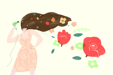 夏季长发  美容美发 发香 时尚 吹发 手绘插画插图