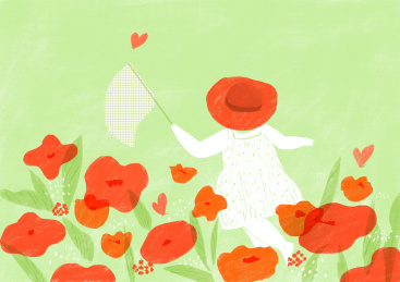 春天花丛中 捕捉蝴蝶 小女孩  