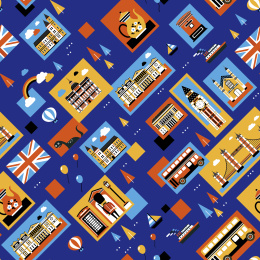深蓝色的英国建筑插图无缝拼接印花