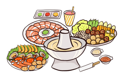 手绘火锅拼盘料碗 卡通可爱简约画风