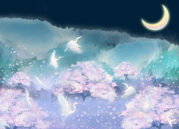 森林里的飞鸟在樱花树中飞舞插画