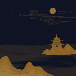 新中式深色背景亭台楼阁矢量山水画图