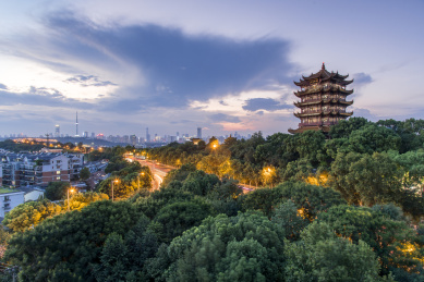 中国湖北武汉黄鹤楼日落无人
