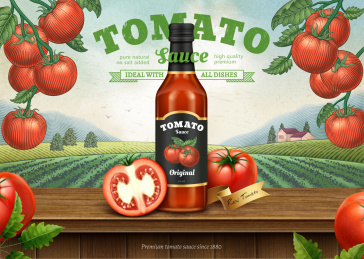 田园风复古番茄酱广告， 线条刻蚀风格