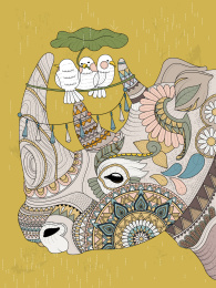 犀牛在黄色背景，成人填色图